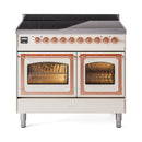 Antique white induction range with copper-trim triple glass doors, both ovens open.