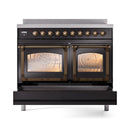 Glossy black induction range with bronze-trim double ovens, doors closed and interiors visible