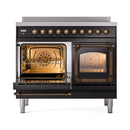 Glossy black induction range with bronze-trim doors open, showing oven racks and lights