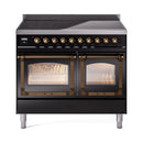 Glossy black induction range with bronze-trim doors open, two lit oven compartments