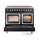 Glossy black induction range with closed triple glass oven doors and chrome trim