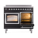 Glossy black induction range with left oven open, triple glass doors and chrome trim