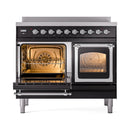 Glossy black induction range with both ovens open, interior racks visible and chrome trim