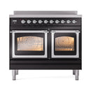 Glossy black induction range with triple glass oven doors and chrome trim