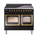 Glossy black induction range with brass trim, both oven glass doors closed and burners row