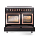 Glossy black induction range with two oven windows, triple door design, and copper trim
