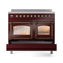 Burgundy induction range with both oven doors open and bronze trim
