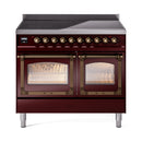 Burgundy induction range with two glass oven doors closed and bronze control knobs