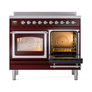 Burgundy induction range with one oven door open, triple glass doors, and chrome handles.