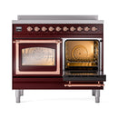 Induction range with left oven door open, copper rails and wire rack inside