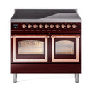 Burgundy induction range with copper trim, triple glass oven doors and control knobs