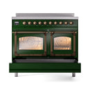 Emerald green induction range with bronze trim, double glass oven doors, and metal handles
