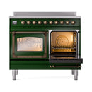 Emerald green induction range with one oven door open, showing racks inside