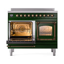Emerald green induction range with left oven door open and right glass door closed