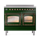Emerald green induction range with bronze knobs, dual glass doors, and central control display