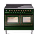 Emerald green induction range with bronze knobs and two glass oven doors, warming display window