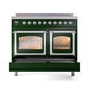Emerald green induction range with chrome trim, both oven doors open with racks