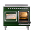 Emerald green induction range with chrome trim, one oven door open showing racks