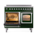 Emerald green induction range with chrome trim, left oven door open, right door closed
