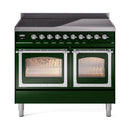 Emerald green induction range with chrome trim, twin glass oven doors and front controls