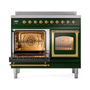 Emerald green range with brass hinges and two oven openings with wire racks inside
