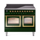 Emerald green range with brass trim, two glass oven doors, and black cooktop controls