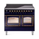 Midnight blue induction range front with cooktop controls and two oven glass doors