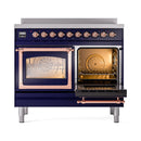 Midnight blue induction range with left oven open, right oven closed, copper door frame