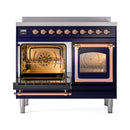Midnight blue induction range with triple glass oven doors, copper trim, open front