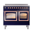 Midnight blue induction range with two oven windows open, copper door frames, front view