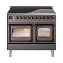 Matte graphite induction range front with bronze control knobs and two triple-glass doors