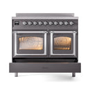 ILVE induction range, two closed oven windows, chrome-trimmed matte graphite