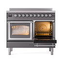 ILVE induction range, matte graphite, triple-glass double oven doors with chrome trim