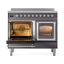 ILVE induction range, open doors showing oven racks, matte graphite with chrome hardware