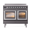 ILVE induction range, front view with two closed glass doors, matte graphite and chrome trim