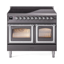 ILVE induction range, front view with open double doors, matte graphite finish