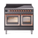 Matte graphite induction range front view with oven doors open and copper bar handles