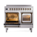 Stainless steel induction range with bronze-trim knobs, both oven doors open