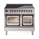 Stainless steel induction range with bronze-trim knobs and two closed oven doors