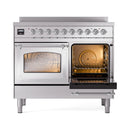 Stainless steel induction range with both ovens open and glowing interiors