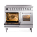 Stainless steel induction range with left oven open and racks inside