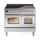 Stainless steel induction range with black cooktop and two front oven windows