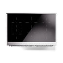 Stainless steel induction range cooktop with black glass surface and burner markings