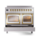 Stainless steel induction range with glass oven doors closed and brass trim