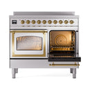 Stainless steel induction range with right oven door open, brass trim and knobs