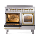 Stainless steel induction range with left oven door open, brass trim and knobs