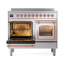 Stainless steel induction range with copper-trim triple glass oven doors, front open view