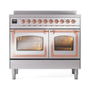 Stainless steel induction range with copper-trim oven doors and dual interior glass windows