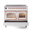 White range with copper-trim oven doors, two glass windows, and control knob row