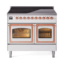 White induction range with copper-trim knobs and two oven windows on triple-glass doors